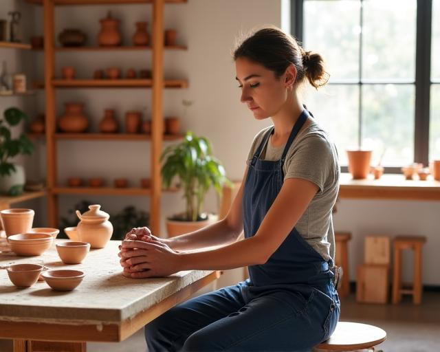 Ceramic artist working in a sunlit studio