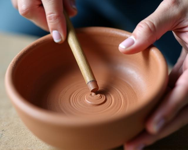 Close up of potter's hands marking a signature on a clay pot