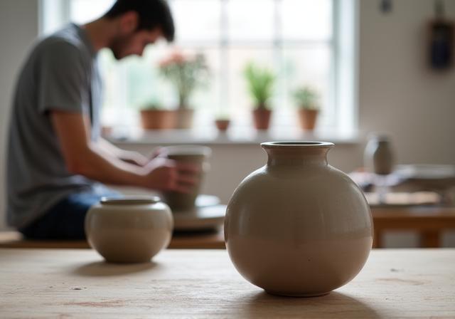 A professional ceramic artist working in a bright London studio