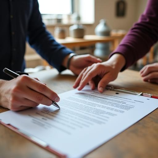 A focused legal professional discussing documents in a modern ceramic studio environment